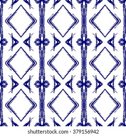 Aztec seamless pattern. Striped hand painted seamless pattern with ethnic and tribal motifs, zigzag lines, brush strokes and splatters. Ikat Mexican motif. Vector illustration. Zigzag and stripe line.