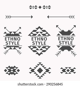 Aztec set. Vector abstract geometric elements, tribal art, ethnic collection, for design logo, cards, backgrounds. Hand drawn illustration