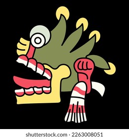 Aztec skull with open mouth and tongue stick out. Native American symbol from Mexican codex. On black background.