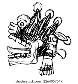 Aztec skull with open mouth and tongue stick out. Native American symbol from Mexican codex. Hand drawn linear doodle rough sketch. Black silhouette on white background.