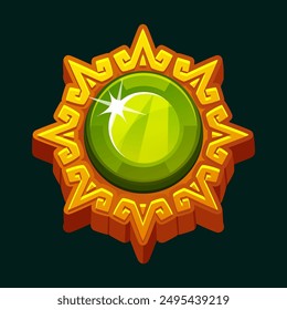 Aztec solar disk with a green round gemstone for your games or slots. Maya golden frame. Sun symbol, and diadem, representing the Aztec sun