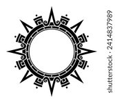 Aztec solar disk, sun symbol and diadem, representing Aztec sun deity Tonatiuh. Main arrows or sun rays pointing in the cardinal directions, with further subdivisions for inter-cardinal directions.