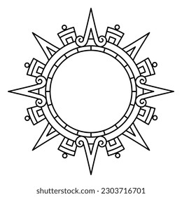 Aztec solar disk, sun symbol and diadem, representing the Aztec sun deity Tonatiuh. 4 large arrows or rays pointing in the cardinal directions, with further subdivisions for inter-cardinal directions.