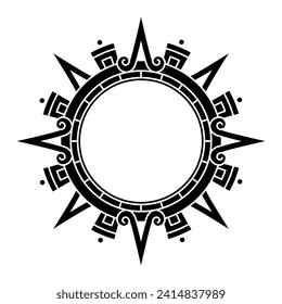 Aztec solar disk, sun symbol and diadem, representing Aztec sun deity Tonatiuh. Main arrows or sun rays pointing in the cardinal directions, with further subdivisions for inter-cardinal directions.