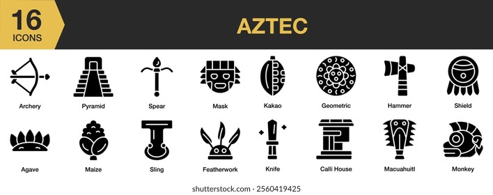 Aztec solid icon set. Includes mask, kakao, hammer, shield, knife, sling, and More. Solid icons vector collection.