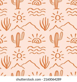 Aztec Südwest Cacti einfaches boho nahtloses Muster. Südwestliche Vektorgrafik wiederholt Textur. Handgezeichnete Doodles tropischer Sommerhintergrund. Modernes Textil, Druck, Wallpaper, Umhüllungspapier.