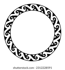 Aztec Spiralsprengmuster, Kreisrahmen. Dekorative Grenze aus einer Fisch Haken-Spirale, auch ankistron genannt, verbunden mit Stufen, nahtlos wiederholt. geklatschtes Fret- und Schlangenmotiv.