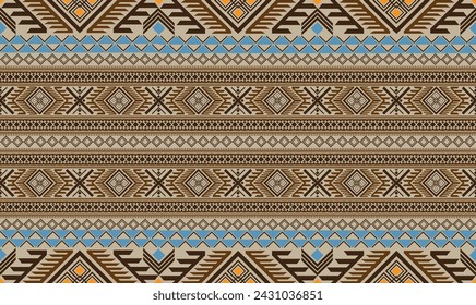 Aztec square shape continued to big pattern.Flower pattern.Geometric shape.Brown pattern.Blue pattern.Seamless.Square shape.Illustration.Vector.Design for skirt.Scarf.Clothes.Carpet.Printing.Knitting