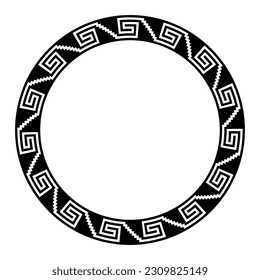 Aztec stepped fret pattern, circle frame with serpent meander motif. Border made of steps, seamless connected to a spiral, similar to Greek key. Also referred to as step fret design or Xicalcoliuhqui.