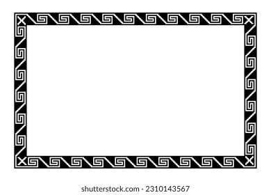 Aztec stepped fret pattern, rectangle frame with serpent meander motif. Border made of steps, seamless connected to a spiral, similar to Greek key. Also known as step fret design or as Xicalcoliuhqui.