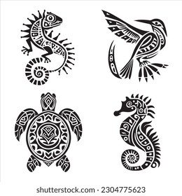 Aztec style animals turtle, bird, lizard logo vector illustration silhouette