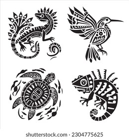 Aztec style animals turtle, bird, lizard logo vector illustration silhouette