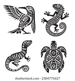 Tortuga estilo azteca, ave, lagarto logo ilustración de vector silueta