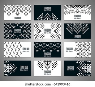 Aztec style black and white business card set. American indian monochrome ornamental pattern design. Ornate blank with ethnic motifs. Tribal decorative template. EPS 10 vector concept. 