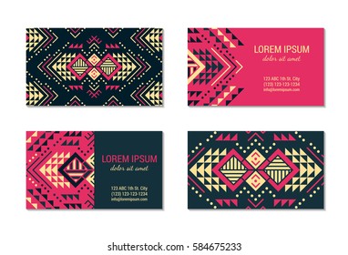 Aztec style colorful business card set. American indian ornamental pattern design. Front and back pages. Ornate blank with ethnic motifs. Tribal decorative template. EPS 10 vector concept. 