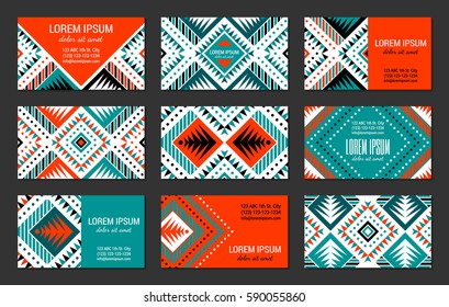 Aztec style colorful business card set. American indian ornamental pattern design. Front and back pages. Ornate blank with ethnic motifs. Tribal decorative template. EPS 10 vector concept. 