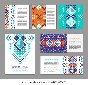 Aztec style colorful flyer set. American indian ornamental pattern design. Ornamental collection with ethnic motifs. Tribal decorative template. EPS 10 vector concept.