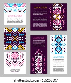 Aztec style colorful flyer set. American indian ornamental pattern design. Ornamental collection with ethnic motifs. Tribal decorative template. EPS 10 vector concept.