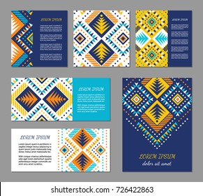 Aztec style colorful flyer set. American indian pattern design. Ornamental collection with ethnic motifs. Tribal decorative template. EPS 10 vector concept.