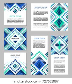 Aztec style colorful flyer set. American indian pattern design. Ornamental collection with ethnic motifs. Tribal decorative template. EPS 10 vector concept.