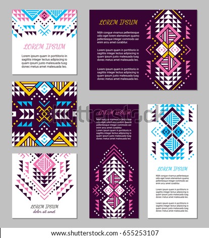 Aztec style colorful flyer set. American indian ornamental pattern design. Ornamental collection with ethnic motifs. Tribal decorative template. EPS 10 vector concept.