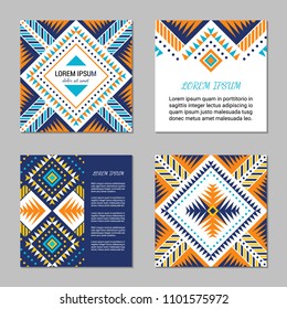 Aztec style colorful square card set. American indian pattern design. Ornamental collection with ethnic motifs. Tribal decorative flyer template. EPS 10 vector concept.