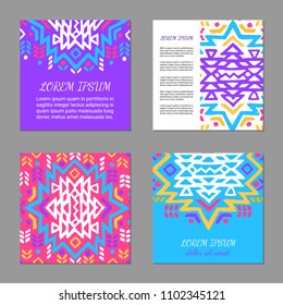 Aztec style colorful square card set. American indian pattern design. Ornamental collection with ethnic motifs. Tribal decorative flyer template. EPS 10 vector concept.