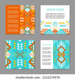 Aztec style colorful square card set. American indian pattern design. Ornamental collection with ethnic motifs. Tribal decorative flyer template. EPS 10 vector concept.