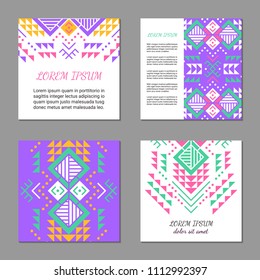 Aztec style colorful square card set. American indian pattern design. Ornamental collection with ethnic motifs. Tribal decorative flyer template. EPS 10 vector concept.