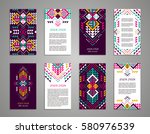 Aztec style colorful vertical flyer set. American indian ornate pattern design. Front and back pages. Ornamental collection with ethnic motifs. Tribal decorative template. EPS 10 vector concept.