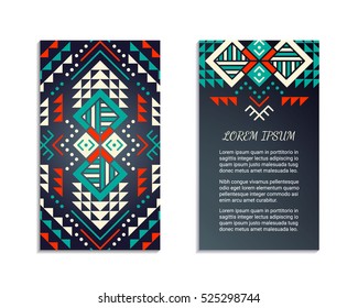 Aztec style colorful vertical flyer. American indian ornamental pattern design. Front and back pages. Ornamental blank with ethnic motifs. Tribal decorative template. EPS 10 vector concept. Isolated.