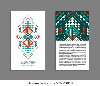 Aztec style colorful vertical flyer. American indian ornamental pattern design. Front and back pages. Ornamental blank with ethnic motifs. Tribal decorative template. EPS 10 vector concept. Isolated.