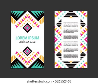 Aztec style colorful vertical flyer. American indian ornamental pattern design. Front and back pages. Ornamental blank with ethnic motifs. Tribal decorative template. EPS 10 vector concept. Isolated.