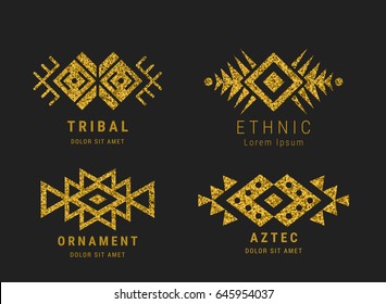 Aztec style geometric vintage logo set. Gold glitter texture. American indian ornate pattern design. Tribal decorative template. Ethnic ornamentation. EPS 10 vector. Metallic ornamental  retro emblem.