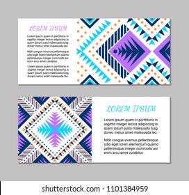 Aztec style horizontal colorful card set. American indian pattern design. Ornamental collection with ethnic motifs. Tribal decorative flyer template. EPS 10 vector concept.