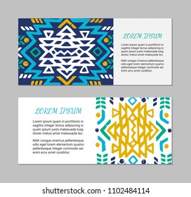 Aztec style horizontal colorful card set. American indian pattern design. Ornamental collection with ethnic motifs. Tribal decorative flyer template. EPS 10 vector concept.