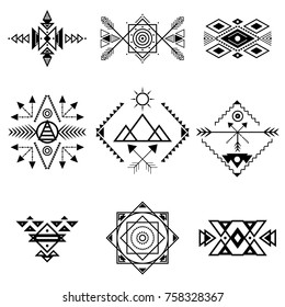 Aztec Style Ornament Black Thin Line Icon Set for Web and App Tribal Decorative Geometric Textile Elements. Vector illustration