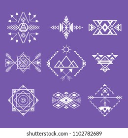 Aztec Style Ornament White Thin Line Icon Set for Web and App Tribal Decorative Geometric Textile Elements. Vector illustration