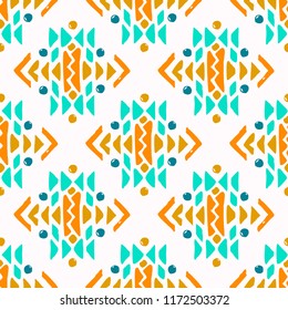 Aztec style seamless geometry pattern with tribal ornament. Ornamental ethnic background collection. Use for fabric prints, surface textures, cloth design, wrapping. EPS 10 vector illustration.