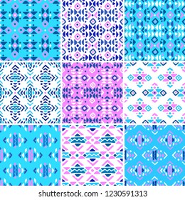 Aztec style seamless geometry pattern set with tribal ornament. Ornamental ethnic background collection. Use for fabric prints, surface textures, cloth design, wrapping. EPS 10 vector illustration.