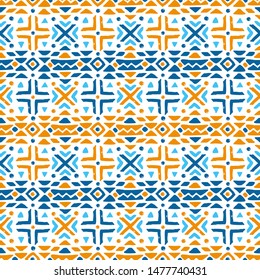 Aztec style seamless geometry pattern with tribal ornament. Ornamental ethnic background collection. Use for fabric prints, surface textures, cloth design, wrapping. EPS 10 vector illustration.