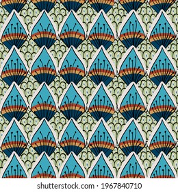 Aztec style simple ornament with leaves. Folk botanical pattern with outlines. Vegetation seamless pattern. 