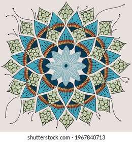 Aztec style simple ornament with leaves. Folk botanical pattern with outlines. Vegetation seamless pattern. Ornate floral mandala. 