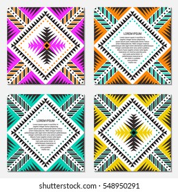 Aztec style square card set. American indian ornamental pattern design. Front and back pages. Ornamental blank with ethnic motifs. Tribal decorative template. EPS 10 vector concept.