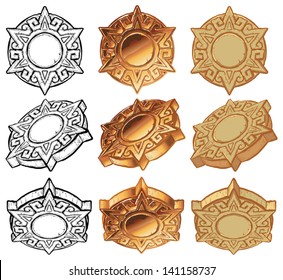 Un conjunto de iconos de ilustración vectorial de medallón de sol estilo azteca. Elemento gráfico mostrado a partir de 3 ángulos y variaciones de color de cada uno: blanco y negro, oro metálico y piedra.