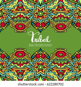 Aztec style tribal background in bright colors. Abstract borders with ethnic pattern. Fancy ornament. Card, invitation or poster template. Vector illustration.