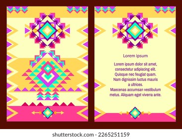 Volante vertical de estilo azteca con elementos étnicos mexicanos. Diseño de patrones indios americanos. Páginas frontal y trasera. Plantilla decorativa tribal. Páginas frontal y trasera. Blanco ornamental étnico. Vector.