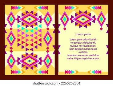 Aztec style vertical flyer set with Mexican ethnic elements. American indian pattern design. Front and back pages. Tribal decorative template. Front and back pages. Ethnic ornamental blank. Vector.