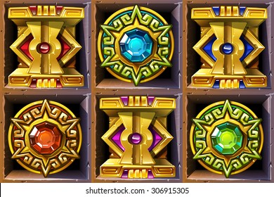 Aztec styled colorful gold icons for game design