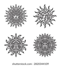 Aztec sun god symbol, Mayan tribal sun mask face, vintage tribal line art decal design